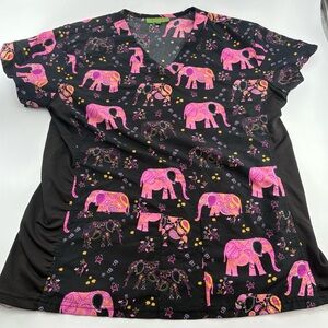 Green Town Elephant Print Scrub Top